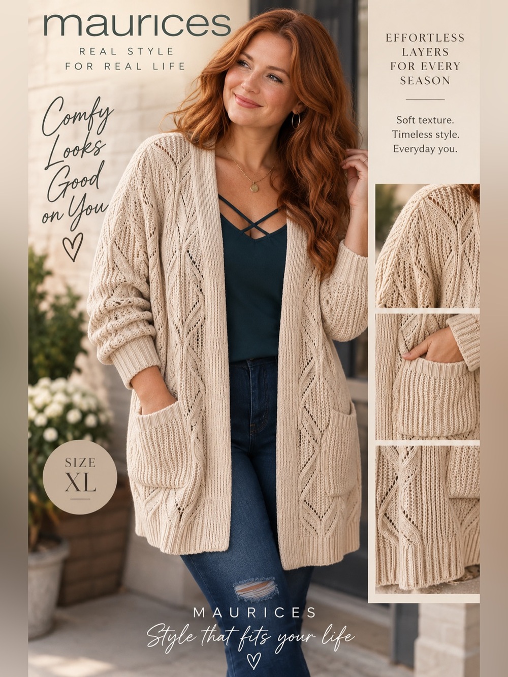 Maurices XL Cream Open Knit Cable Cardigan Sweater Boho Cozy Pockets